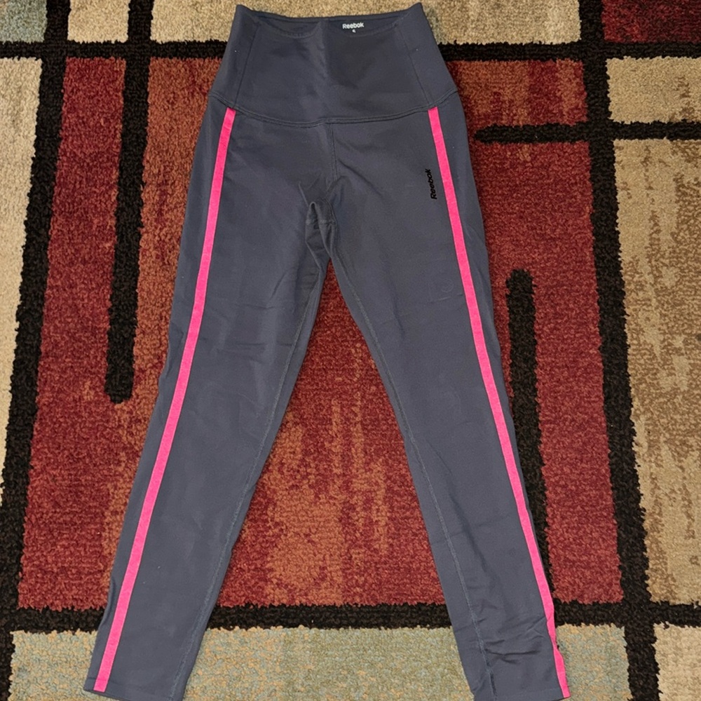 Reebok Charcoal Leggings with Bright Pink Side Stripes